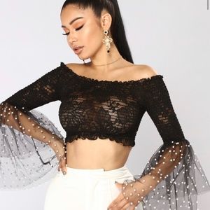 Fashion Nova Joseline Long Sleeve Top in Black with Pearls